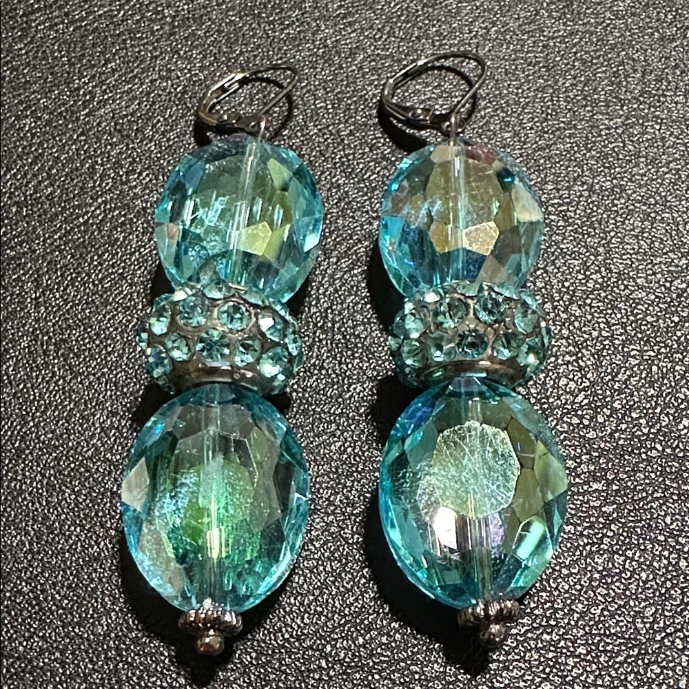 Blue Faceted Glass Crystal & Rhinestone Bead Dangle Earrings